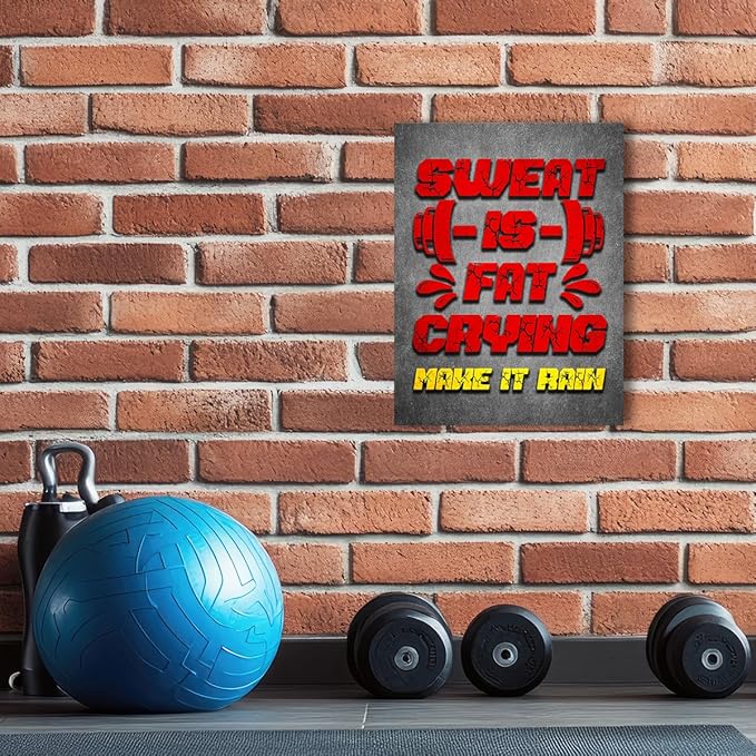 Gym Quotes Wall Art,Inspirational Workout Wall Decor,Sweat is Fat Crying Canvas Wall Art for Home Gym Exercise Fitness Room