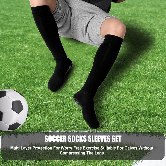 2 Set Grip Soccer Socks and Shin Guard Sleeves Non Slip Soccer Sleeve Socks for Men Women