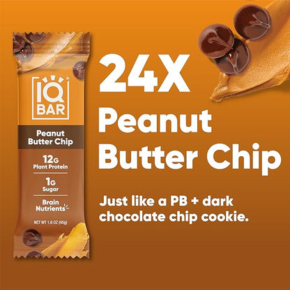 IQBAR Brain and Body Plant Protein Bars - Peanut Butter Chip - 24-Count Low Carb - Gluten Free, High Fiber, Vegan Snacks - Low Sugar Meal Replacement