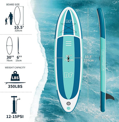 Inflatable Stand Up Paddle Board with SUP Accessories & Backpack. Paddle Boards for Adults. Non-Slip Deck, Wide Stance, Bottom Fin, Double Action Pump.