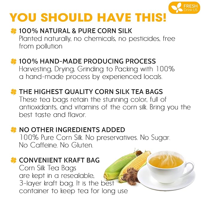 FreshDrinkUS, Premium 75 Tea Bags Corn Silk Tea, 100% Natural & Pure from Corn Silk. Corn Silk Herbal Tea. Clean Ingredients. Made with Natural Material Tea Bags. No Sugar, No Caffeine, Vegan.