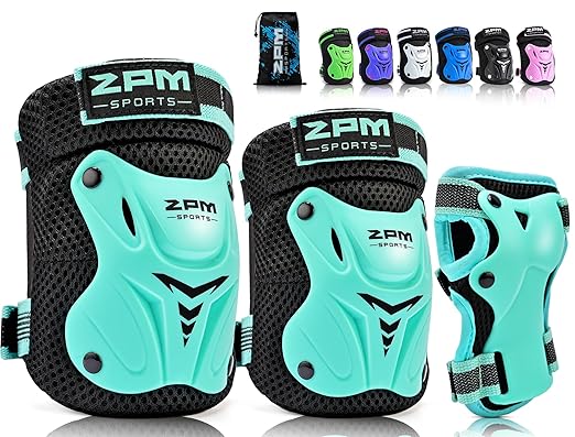 2PM SPORTS Knee Pads for Kids, Wrist Guards Knee and Elbow Pads Set with Drawstring Bag, Protective Gear Set for Girls Boys Roller Skating Cycling Skateboard - Mint Small
