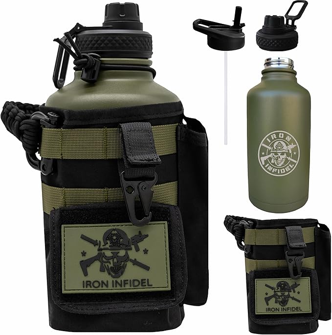 Iron Infidel Battle Bottle - Half Gallon Insulated Water Bottle with Paracord Handle, Large 64 oz Stainless Steel Water Jug with Rugged, Removable Sleeve for Keys, Wallet & Phone (Widowmaker 2L)