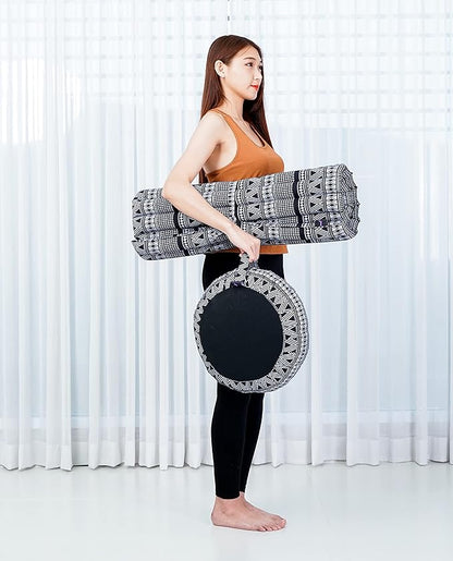 Leewadee Meditation Cushion Set – 1 Round Zafu Meditation Pillow and 1 Square Roll-Up Zabuton Meditation Mat, Pillows Bundle Filled with Kapok