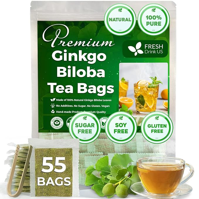FreshDrinkUS, Premium 55 Ginkgo Biloba Leaf Tea Bags, 100% Natural & Pure from Ginkgo Biloba Leaves. Loose Leaf Herbal Tea. Made with Eco-Conscious Tea Bags. No Sugar, No Caffeine, No Gluten, Vegan.
