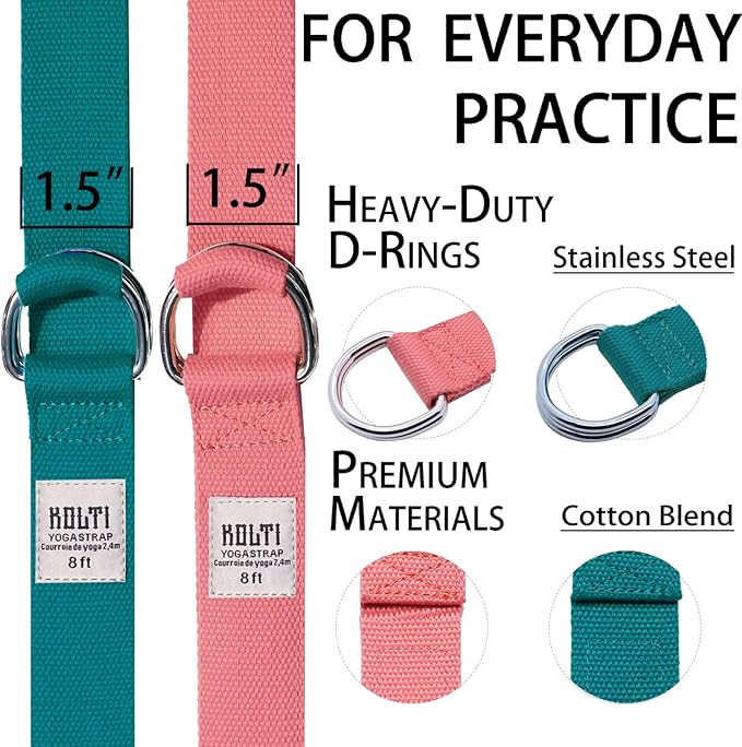 Yoga Exercise Adjustable Straps 8FT with Durable D-Ring for Pilates & Gym Workouts | Hold Poses, Stretch, Improve Flexibility & Maintain Balance