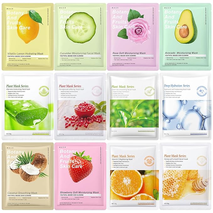12 Pack Face Masks Skincare, Hydrating Face Masks for Women Skin Care Sheet Face Mask for Kids Teens Girls, Face Sheet Mask for All Skin Types, Skincare Set Gift Spa Party Favors for Girls Teens Women