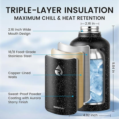 64oz Insulated Water Bottle, Triple Wall Vacuum Stainless Steel Water Bottles - Keeps Cold 48H, Reusable Half Gallon Jug for Gym, Sports, Camping, Hiking,Travel, Black Speckled