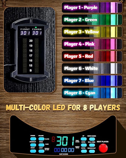 Electronic Dart Board, Electric Dartboard Cabinet Set for Adults [6 Soft Tip Darts] Individual Light Color for Each Player- Wooden Dartboard Cabinet for Family Game [Black]