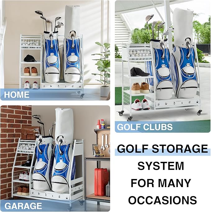 Lauren&Harold Golf Bag Organizer Garage Storage, Golf Storage Rack Stand Fits 2 Golf Bags, Golf Clubs and Other Golfing Equipment Accessories, Golf Organizer for Garage, Club, Shed, Basement