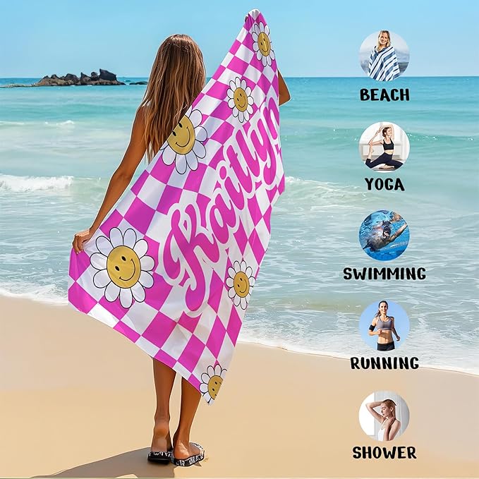 JML Personalized Beach Towel with Name, Custom Flower Beach Towel, Customized Microfiber Pool Towel, Quick Dry & Absorbent Swim Towel for Adult,Anniversary, Birthday, Summer Holiday,Vacation