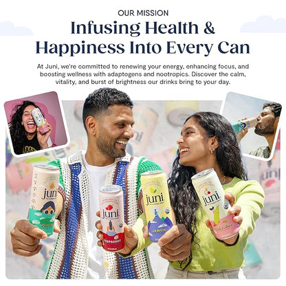 Juni Sparkling Adaptogen Drink with Ashwagandha, Lion’s Mane & Reishi Mushrooms | Green Tea for Focus, Zero Sugar, 5 Calories | Decaffeinated, Non Alcoholic Drinks - Cherry Lime 12 pack