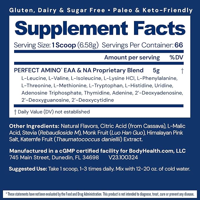 BodyHealth PerfectAmino Powder - BCAA and EAA Powder for Pre and Post Workout - Amino Acid Energy Drink to Support Lean Muscle and Recovery - NSF Certified for Sport - Mixed Berry - 66 Servings