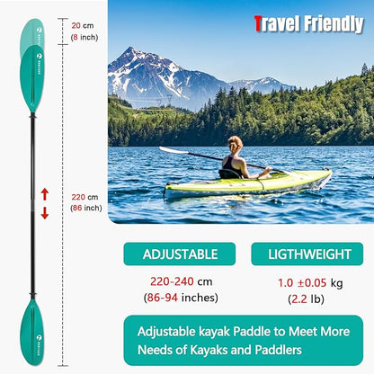 Kayak Paddles with Fiberglass Shaft and Reinforced PP Blade, Floating Adjustable Kayaking Oars, 3 Piece, 220-240 cm/86-94 Inches, 240-260 cm/94-102 Inches