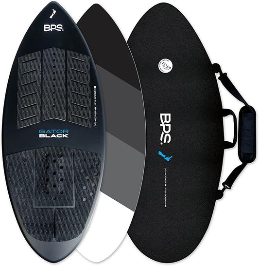 BPS New Zealand ‘Gator Black’ Fiberglass Skimboard with Padded Carry Bag Made from Recycled Plastics Performance Skimboard with Custom Traction Pads for Kids Adults Choose from 3 Sizes