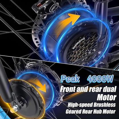 Electric Bike for Adults, AWD Ebike Dual Motor, 26'' Fat Tire Peak 4000W Ebikes with 48V 23AH Battery Hydraulic Brake Electric Bicycle, 21 Speed Dirt Bikes UL Certified