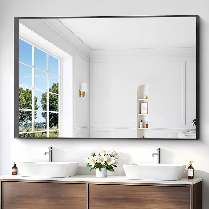 Black Bathroom Mirror, 60x40 Inch Rectangular Framed Mirror, Large Wall Mounted Bathroom Vanity Mirror Over Sink for Bedroom,Restroom, Living Room, Hangs Vertically or Horizontally