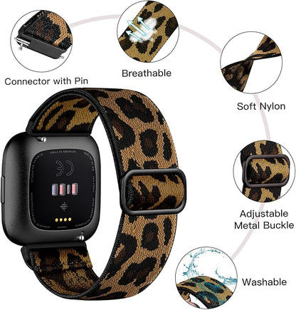 2 Pack Elastic Bands Compatible with Fitbit Versa 2 & Versa Lite Bands for Women & Men, Adjustable Sport Stretchy Nylon Solo Loop Strap Wristbands, Black & Leopard