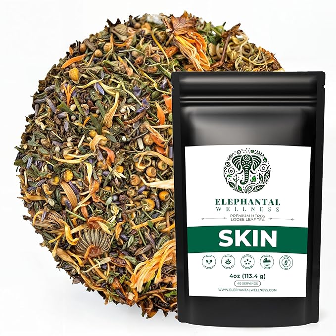 Elephantal Wellness Premium Skin Herbal Tea | Radiance & Clarity Support with Burdock, Dandelion Root Tea, Nettle, Calendula & Lavender | Non-GMO, Caffeine-Free, Handmade Loose Leaf Blend, 4oz Loose Leaf, 40 Servings