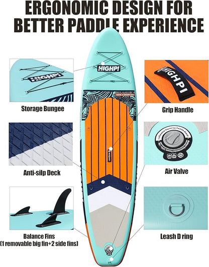Highpi Inflatable Stand Up Paddle Board for Youth and Adults – Wide Sup with Premium Accessories, Blow Up Paddleboard for Surfing, Fishing, Yoga & More