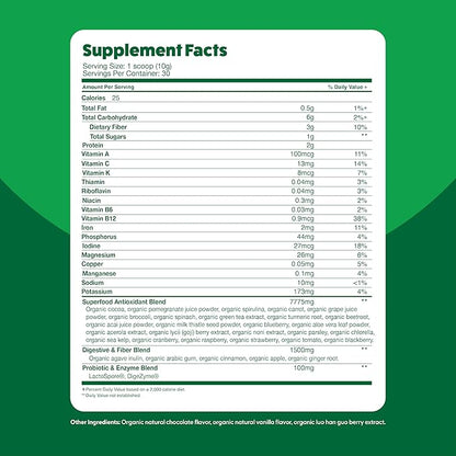 Feel Great Organic Superfood Greens Powder - Cocoa Chocolate | Fruit & Vegetable Supplement | Over 20 Greens, Fruits & Veggies, Fiber, Probiotics & Digestive Enzymes | 30 Servings