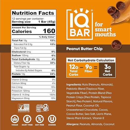 IQBAR Brain and Body Plant Protein Bars - Peanut Butter Chip - 24-Count Low Carb - Gluten Free, High Fiber, Vegan Snacks - Low Sugar Meal Replacement