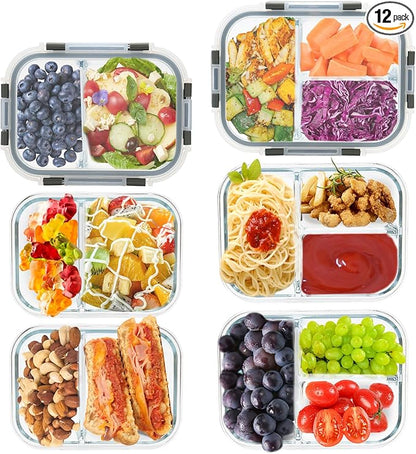 2 & 3 Compartment Meal Prep Containers - Glass Food Storage Lunch Containers with Lids, Bento Box, Portion Control, Freezer to Microwave Safe