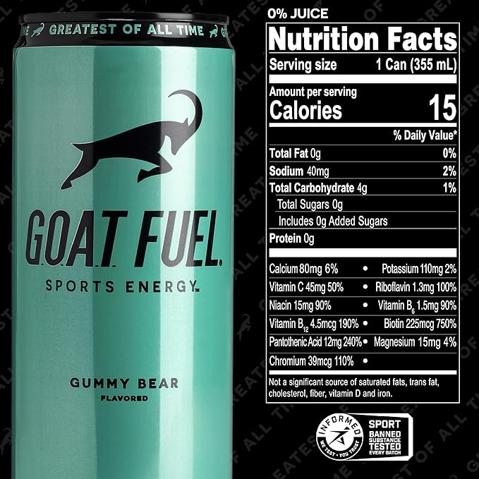 G.O.A.T. Fuel Energy Drink, Co-Founded by Jerry Rice, Natural Caffeine, Electrolytes, BCAAs, Cordyceps Mushrooms & Antioxidants, Light Carbonation Pre Workout, 12 Pack, 12 FL Oz, Gummy Bear