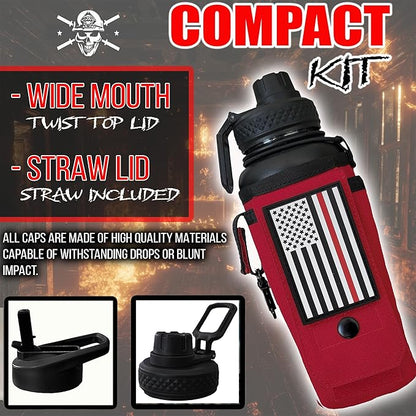 Iron Infidel Battle Bottle - 32 Oz Insulated Water Bottle with Straw Lid & Chug Cap, Stainless Steel Metal Flask Includes Rugged, Removable Sleeve for Keys, Wallet, & Phone (Thin Red Line 1 Liter)