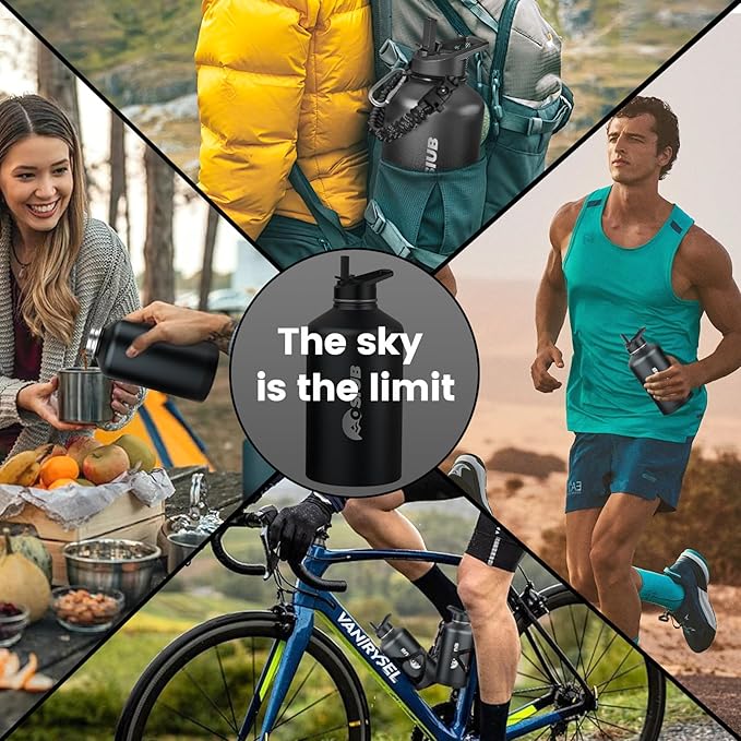 Insulated Water Bottle 128 oz, Triple Wall Vacuum Stainless Steel(Cold for 48 Hrs),Leak Proof & BPA-Free,One Gallon Water Bottle with Reflective Paracord & Flip Straw for Sports & Travel, Black