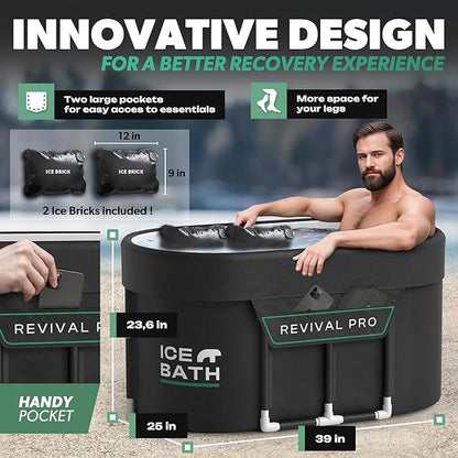 Ice Bath Tub XL - Exclusive Patented Anti-Leak Shield - Cold Plunge Tub With Cover - Ice Bricks X2 - Portable bathtub Outdoor Indoor - Free Ebook