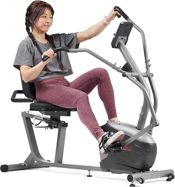 Sunny Health & Fitness Smart Recumbent Bike, Full-Body Home Training with Arm/Leg Exercisers, Indoor Cycling Workout Machine Plus Adjustable Seat & Bulit-in Pulse Sensors, Free SunnyFit App Connection