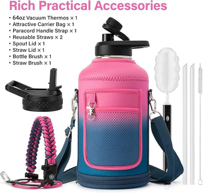 Insulated Water Bottle | Thickened Stainless Steel Vacuum Metal | Portable Sports Half Gallon Large Water Jug for Gym and Hiking with Straw, Carrier Bag, Handle Strap | BPA-Free 64 oz