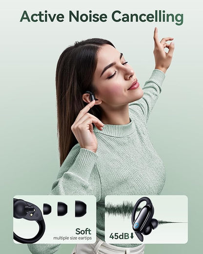 GNMN Active Noise Cancelling Ear Buds Wireless Earbuds 96hrs Playback Bluetooth Headphones IPX7 Waterproof Stereo Bass Over-Ear Earphones with Earhooks Microphone LED Battery Display for Sports/Gym