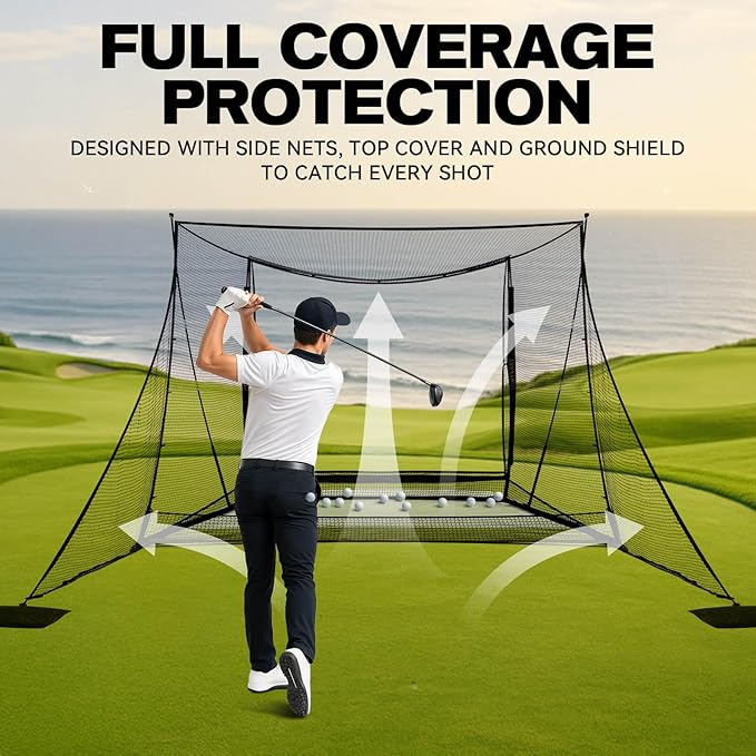 Golf Simulator Cage with Side Barriers&Impact Screen – 10x8 FT Golf Net with Dual-Layer HD Simulator Screen for High-Speed Shots, Practice Net with Ball Return for Indoor Outdoor Backyard