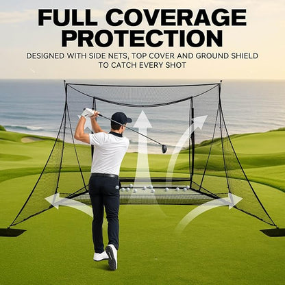 Golf Simulator Cage with Side Barriers&Impact Screen – 10x8 FT Golf Net with Dual-Layer HD Simulator Screen for High-Speed Shots, Practice Net with Ball Return for Indoor Outdoor Backyard