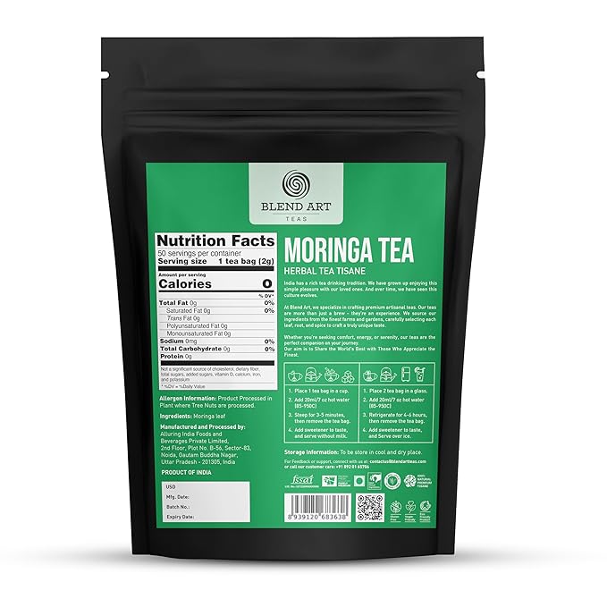 Blendart Moringa Tea Bags (50 Count) Caffeine Free, Pure Moringa Leaves | Sweet and Light Herbal Tea Bags,