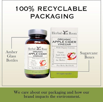 Herbal Roots Organic Apple Cider Vinegar Capsules with Mother and Organic Cayenne | 650 mg | 60 Vegan Capsules