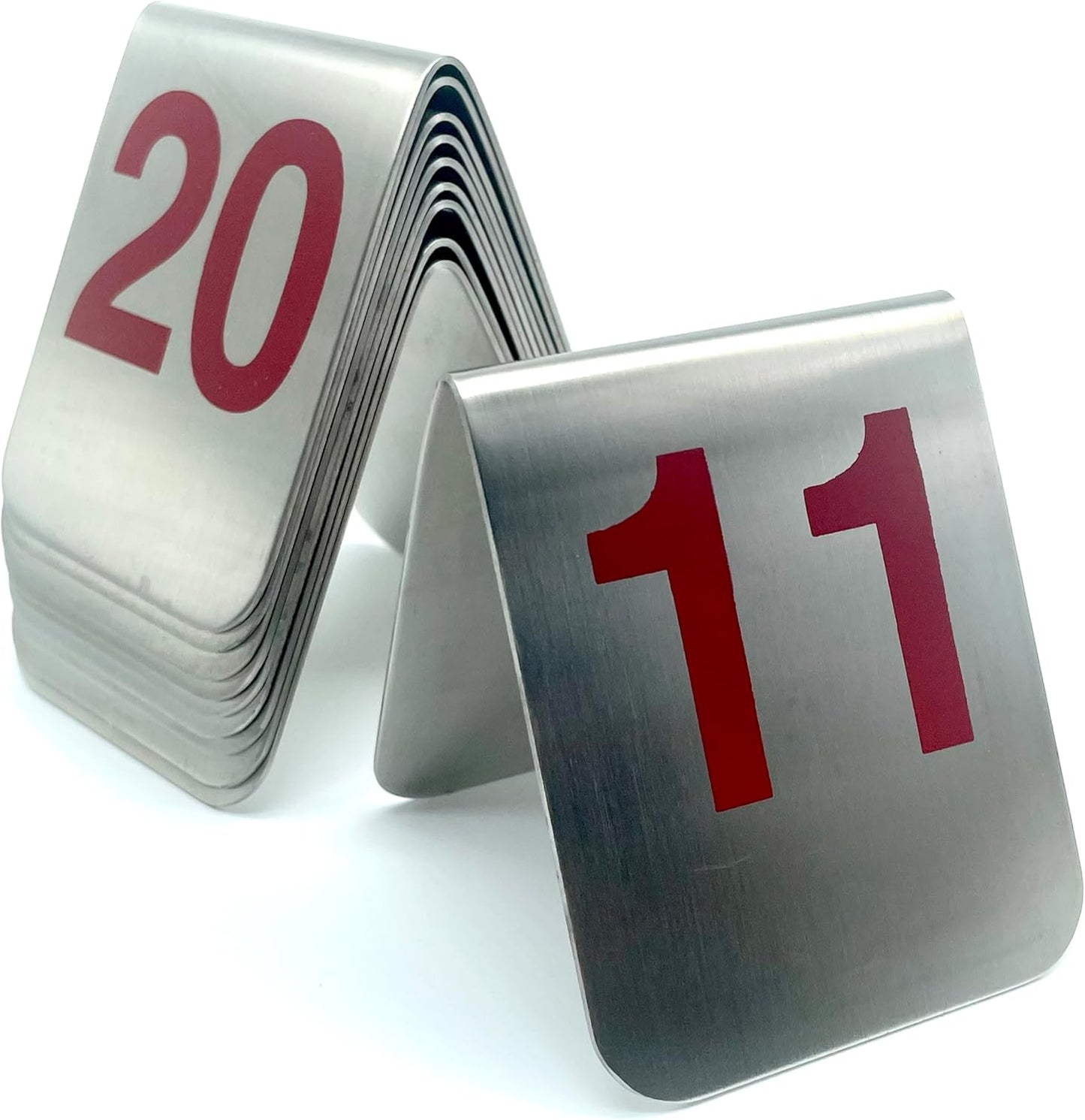 10 Pcs Metal Place Cards Stackable Tent Style Table Numbers，Place Card Holders for Celebration Wedding Party Restaurants Cafes Bars Gatherings meeting Room Board Game Serial (Medium 11-20, Red)