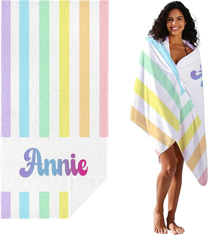 JML Personalized Beach Towel with Name, Custom Rainbow Cabana Stripe Beach Towel, Customized Microfiber Pool Towel, Quick Dry & Absorbent Swim Towel for Adult,Anniversary, Birthday, Summer Holiday