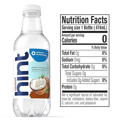 Hint Fruit-Infused Bottled Water, Coconut - Sugar Free Flavored Water with Zero Calories, Naturally Flavored, and No Artificial Sweeteners - 16 Fl Oz (Pack of 12)