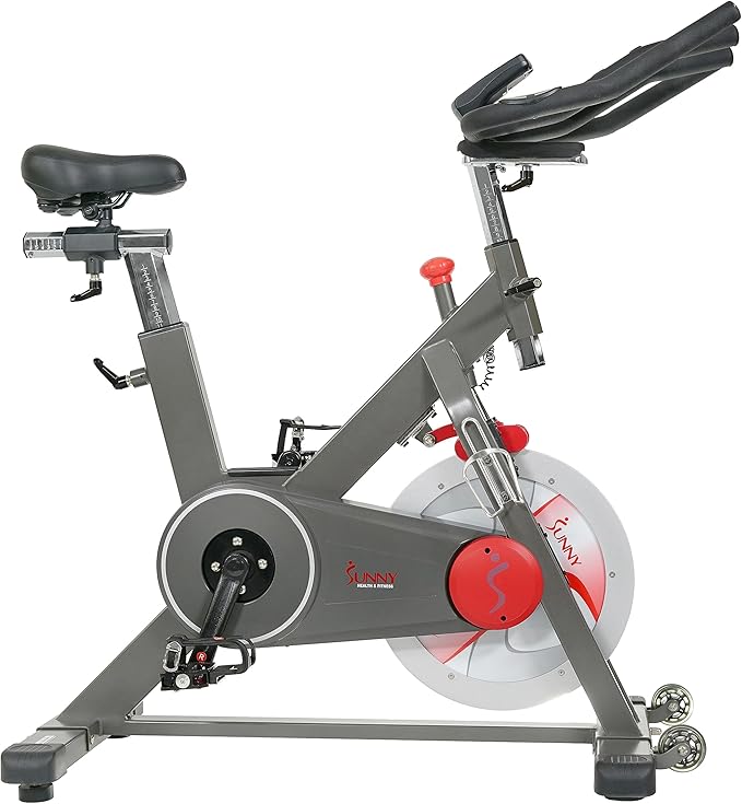 Sunny Health & Fitness Magnetic Exercise Bike, 44LB Flywheel & 300LB Weight Capacity for Intensive Home Workout, Indoor Cardio Training w/4-Way Adjustable Seat, Optional Free SunnyFit App Connection