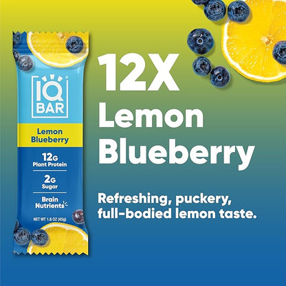 IQBAR Brain and Body Plant Protein Bars - Lemon Blueberry - 12-Count Low Carb - Gluten Free, High Fiber, Vegan Snacks - Low Sugar Meal Replacement