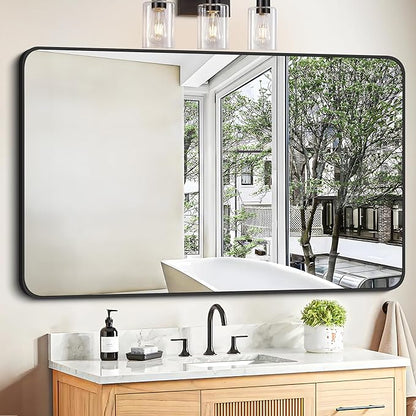 FORBATH Black Bathroom Mirror, Rectangular Vanity Mirror 30 x 48 Inch Wall Rounded Corner Metal Framed Bathroom Mirror for Living Room Bedroom Entryway Decor (Horizontal/Vertical)