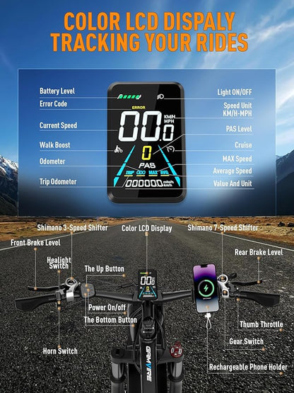 Ebike for Adults Electric, 52V 19.2Ah/32Ah, Peak 2000W/2500W E-Bike, 36/40MPH, 70 Miles/100Miles Long Range, Hydraulic Disc Brake, Off Road Snow Mountain E-Bike, 24"/26" Fat Tire Fast Electric Bicycle