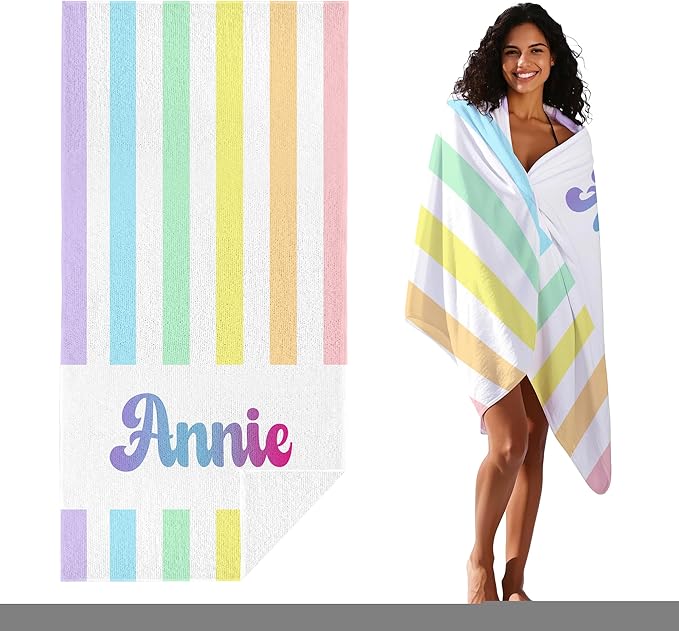 JML Personalized Beach Towel with Name, Custom Rainbow Cabana Stripe Beach Towel, Customized Microfiber Pool Towel, Quick Dry & Absorbent Swim Towel for Adult,Anniversary, Birthday, Summer Holiday