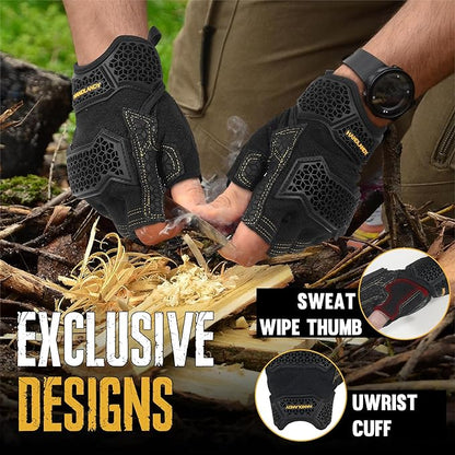 HANDLANDY Fingerless Framer Work Gloves for Men, Utility Grip Paded Gloves for Tactical Shooting Airsoft Hunting Driving (Black- 3 Fingerless, Large (Pack of 1))