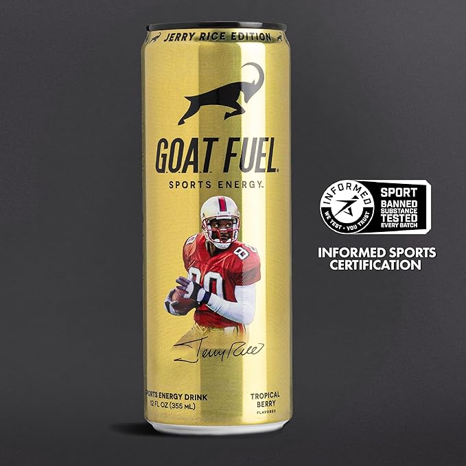 G.O.A.T. Fuel Energy Drink, Co-Founded by Jerry Rice, Natural Caffeine, Electrolytes, BCAAs, Cordyceps Mushrooms & Antioxidants, Light Carbonation Pre Workout, 12 Pack, 12 FL Oz, Tropical Berry