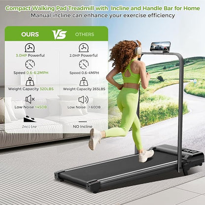 Walking Pad with Incline and Handle Bar, 3.0HP Portable Electric Walking Pads Treadmill with Handles for Home Small Spaces, 0.6-6.2 MPH Compact Small Under The Desk Treadmills Home, 320LBS Capacity
