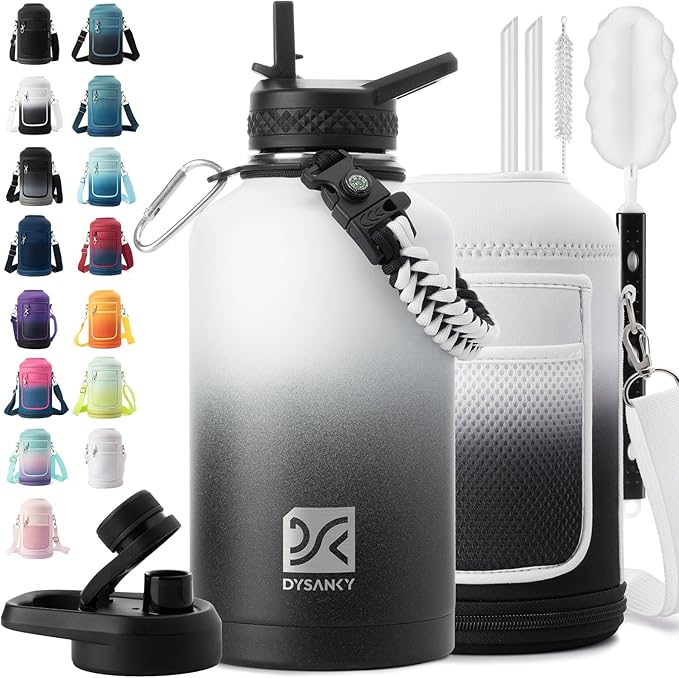 Insulated Water Bottle | Thickened Stainless Steel Vacuum Metal | Portable Sports Half Gallon Large Water Jug for Gym and Hiking with Straw, Carrier Bag, Handle Strap | BPA-Free 64 oz